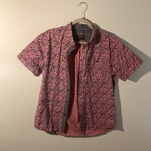 Floral short sleeve button up, pink and blue